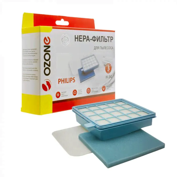 H-34 Набор моторных фильтров для пылесоса PHILIPS, НЕРА фильтр-1 шт., губчатый фильтр-1 шт., фильтр тонкой очистки 1 шт., бренд: OZONE, арт. H-34, тип фильтра: FC8058/01-0
